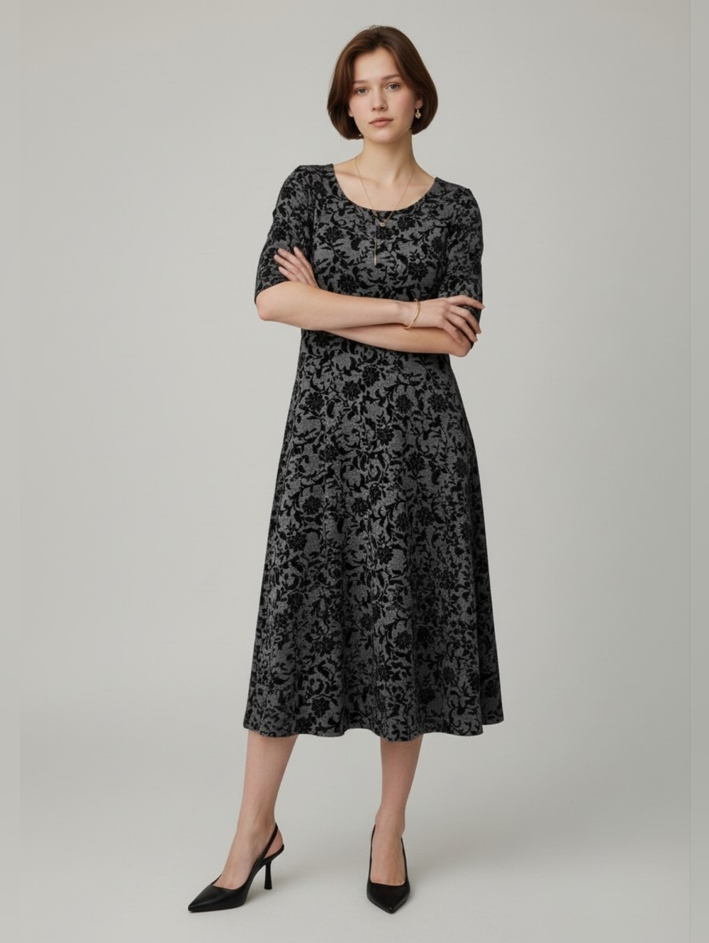 Classic Lands' End Gray and Black Velvet Flocked Floral Dress Womens Size Medium